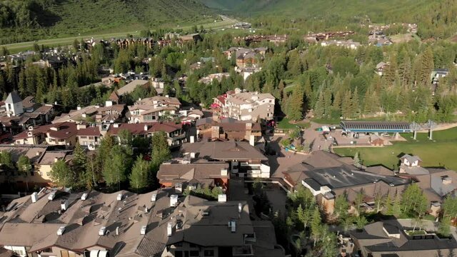 Aerial view of Vail skyline and countryside from drone, Colorado. Slow motion