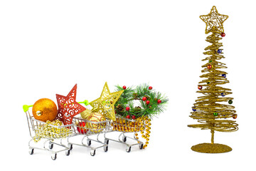 Christmas decorations and toys in baskets of hypermaquette, discounts and sales,preparation for the holiday.