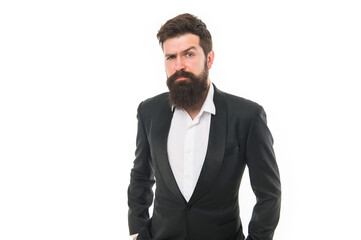 Office worker. Business people fashion style. Menswear and fashion concept. Man handsome bearded businessman wear formal suit. Facial hair and grooming. Fashion model with long beard and mustache