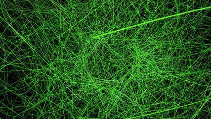 Chaotic green tentacles in motion in 3D. Abstract Scarecrow animated on a black background.