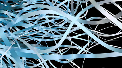 Blue ribbons Curling in 3D. Abstract strips of cut paper material animated on a black background.