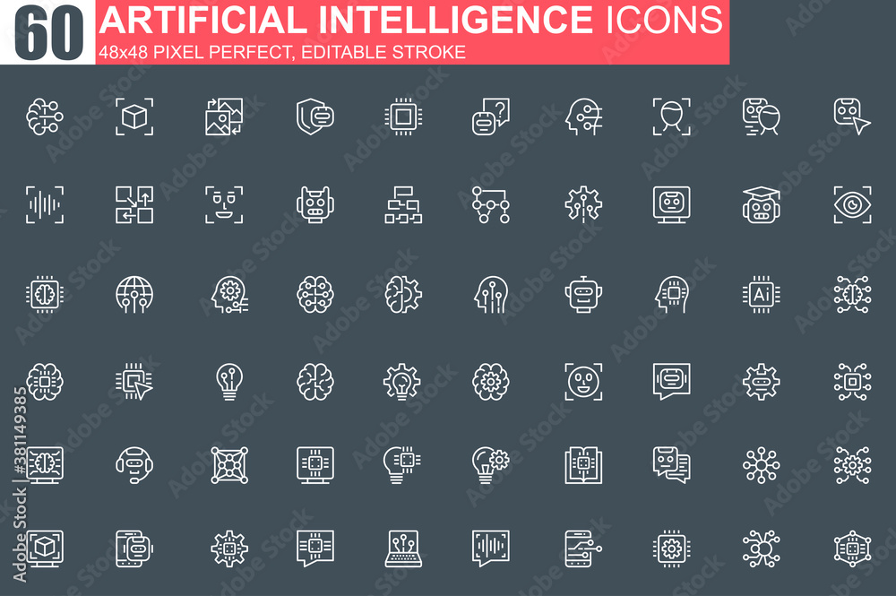Poster Artificial intelligence thin line icon set. Machine learning outline pictograms for website and mobile app GUI. Smart technology simple UI, UX. Grid 48x48 pixel perfect linear vector icons pack.
