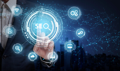 Businessman Pushing Word Seo Key Standing Over Blue Background, Collage