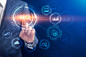 Businessman Pushing Button With Word Seo Over Blue Background, Collage