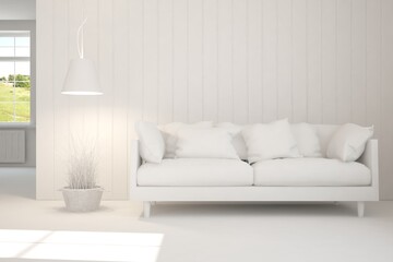 White minimalist living room with sofa. Scandinavian interior design. 3D illustration