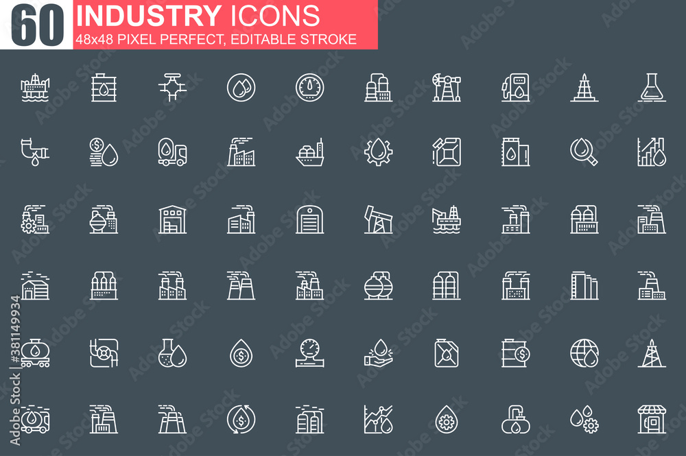 Poster heavy industry thin line icon set. industrial manufacturing outline pictograms for website and mobil