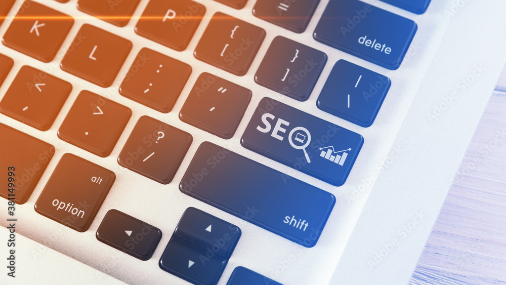 Poster Closeup Of Word Seo On Computer Keyboard Over White Background
