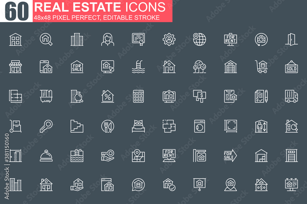 Poster real estate thin line icon set. real estate agency outline pictograms for website and mobile app gui