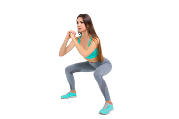 Woman in sportswear doing exercises on the body warm up jogging
