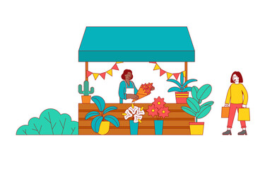 Street retail concept. Flower shop installed on a street or at a fair. Flat vector illustration.