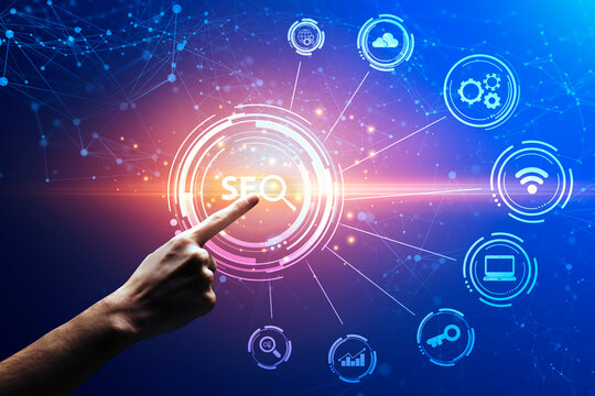 Hand Pressing Seo Keyword On Virtual Panel, Blue Background, Collage