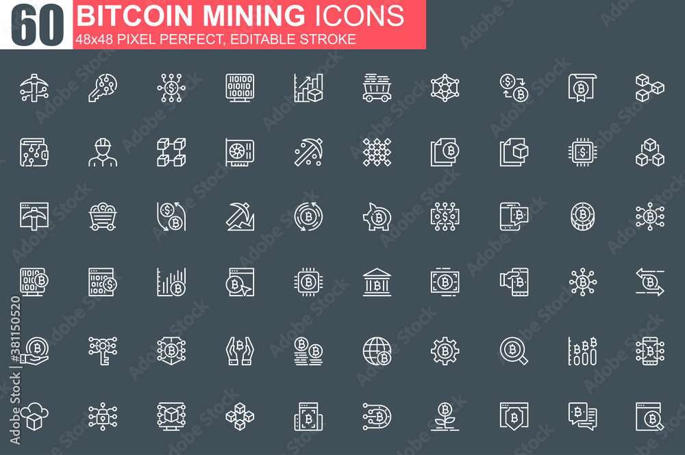 Leinwandbilder Bitcoin mining thin line icon set. Cryptocurrency fintech outline pictograms for web and mobile app GUI. Blockchain technology simple UI, UX. Grid 48x48 pixel perfect linear vector icons pack.