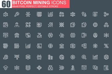 Bitcoin mining thin line icon set. Cryptocurrency fintech outline pictograms for web and mobile app GUI. Blockchain technology simple UI, UX. Grid 48x48 pixel perfect linear vector icons pack.