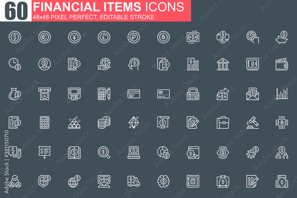 Leinwandbilder financial items thin line icon set. money exchange and stock trading outline pictograms for website 