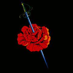 Vector illustration of a sword stuck in a red flower on a black background. Romantic drawing for Valentine's day t-shirts and posters.