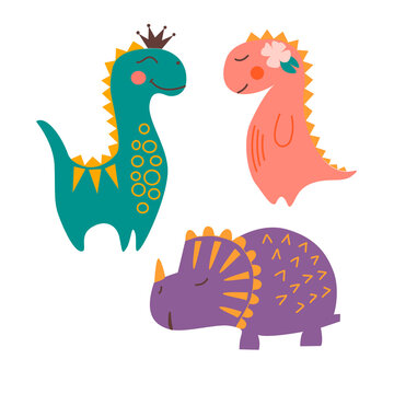 Image of cute, cartoon dinosaurs on a white background in vector graphics, flat style. For the design of postcards, posters, prints for childrens clothes, t-shirts, mugs, pillows, notebook covers