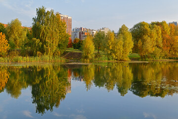 Mitino Landscape Park and Penyaginsky lake in golden autumn. Moscow, Russia