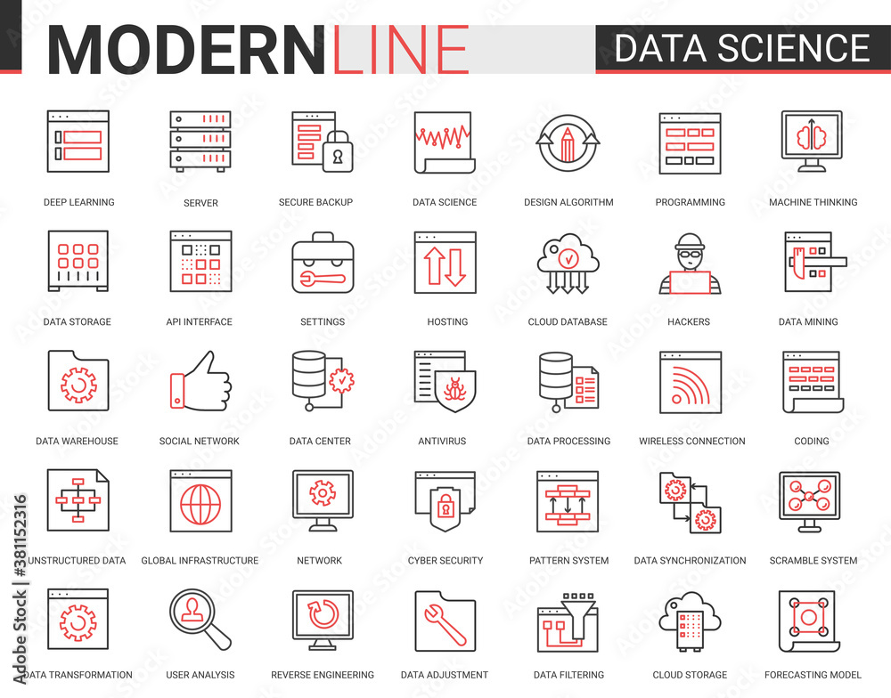 Poster Data science thin red black line icon vector illustration set with outline symbols collection of scientific technology in database storage internet systems, cyber security of network connection
