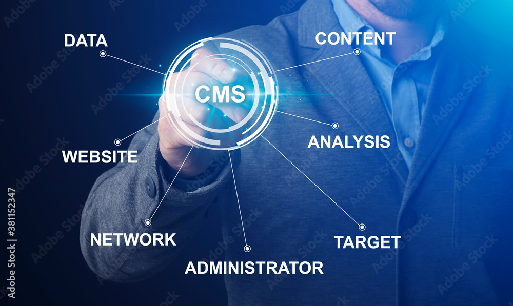 Poster Content management system. Collage with IT manager pushing CMS button on imaginary screen with word cloud, panorama