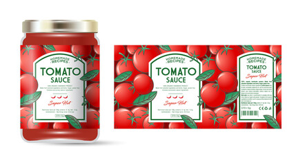 Label and packaging of tomato hot sauce with chili pepper. Jar with label. Text in frames on seamless pattern with ripe tomatoes and leaves.