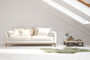 White living room with sofa. Scandinavian interior design. 3D illustration