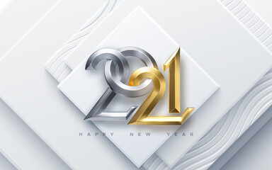 Happy New 2021 Year. Vector holiday illustration. Silver and Golden 3d numbers on white abstract geometric background. Festive event banner. Paper cut square shapes. Poster or cover design