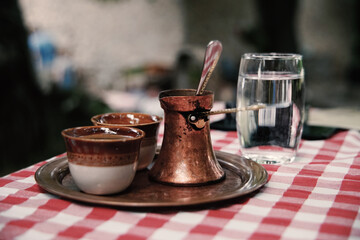 Traditional Turkish coffee in a Serbian restaurant.