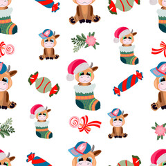 Seamless pattern with cute Christmas bulls, candies, flowers, on white background in vector art. For decoration of wrapping paper, prints on clothes, covers