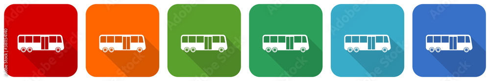 Aufkleber bus icon set, flat design vector illustration in 6 colors options for webdesign and mobile applicati