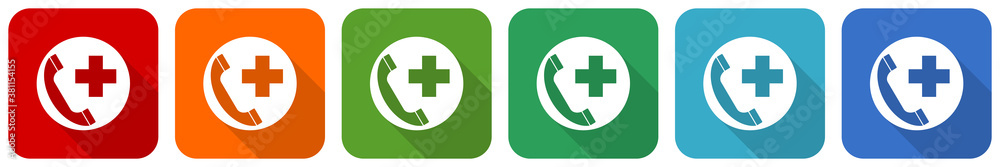 Aufkleber emergency call icon set, flat design vector illustration in 6 colors options for webdesign and mobil