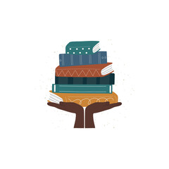 Hands holding stack of books flat illustration. Hardback books with colorful covers. Back to school, literacy, library, reading, education, teaching, learning concept isolated on white.