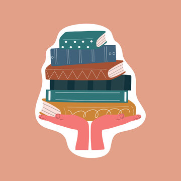 Hands holding stack of books illustration for sticker design. Hardback books with colorful covers. Back to school, literacy, library, reading, education, teaching, learning concept