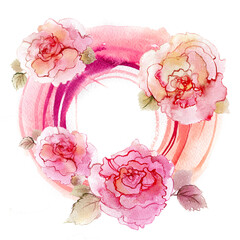 Frame with roses. Bouquet composition decorated with pink watercolor flowers - 381154795