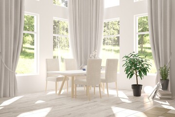 White stylish minimalist kitchen. Scandinavian interior design. 3D illustration