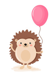 Cute hedgehog hand drawn illustraion with pink rose balloon. Autumn color poster. Good for posters, greeting cards, banners, textiles, gifts, shirts, mugs. Nursery room decoration. Birthday Card.