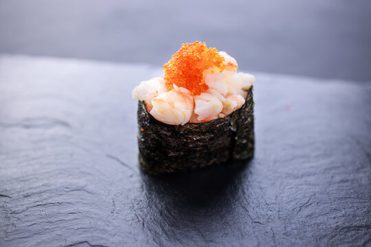 prawn gunkan maki, served on black slate