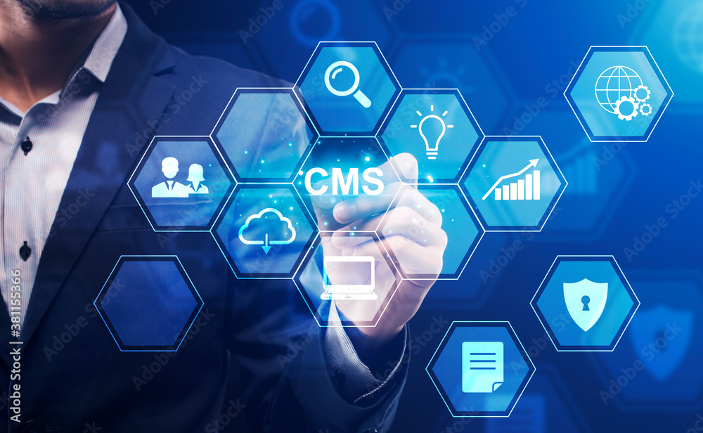 Poster Content management system. Collage of SMM manager, computer icons and CMS button on transparent screen