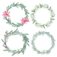 Fototapeta na wymiar Watercolor leaves wreaths set. Christmas decor.Hand drawn isolated illustration on white background