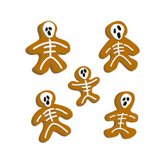 A collection of gingerbread men, skeletons, ghosts and bones. Halloween. A set of cookies. Popular on selected desserts, children sweets. Gingerbread. Hand drawn food for the holiday.