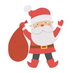 Vector Santa Claus with red sack. Cute winter Father Frost illustration isolated on white background. Funny flat style character for Christmas, New Year or winter design.