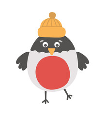 Vector bullfinch in orange hat. Cute winter bird illustration. Funny Christmas card design. New Year print with smiling character.