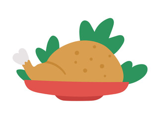 Vector fried chicken or turkey on a plate. Christmas or Thanksgiving festive food. Holiday meal isolated on white background.