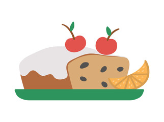 Vector Christmas cake with raisins, icing and cherries on top isolated on white background. Cute funny illustration of new year pastry. Traditional winter dessert icon.