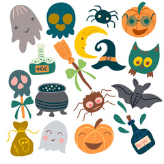 Set of traditional elements for the design of cards, posters for the celebration of Halloween. Vector graphics on a white background
