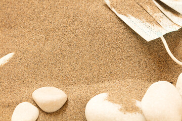 Waste during COVID-19. Scrapped to ocean coronavirus single-use face masks. Environmental and coastal plastic pollution. Trash on the beach that threatens the health of the oceans.