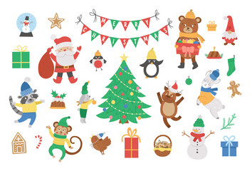 Obraz na płótnie Canvas Vector set of Christmas elements with Santa Claus in red hat with sack, deer, fir tree, presents isolated on white background. Cute funny flat style illustration for decorations or new year design..