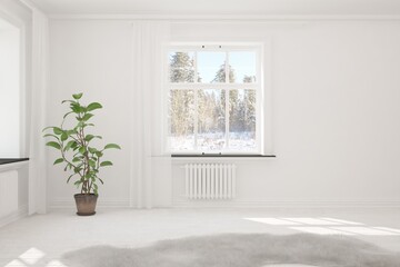 Mock up of empty room in white color with winter landscape in window. Scandinavian interior design. 3D illustration