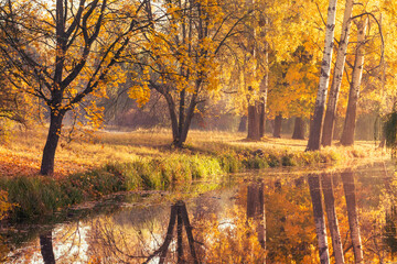 Beautiful autumn landscape with reflection of trees in a forest lake