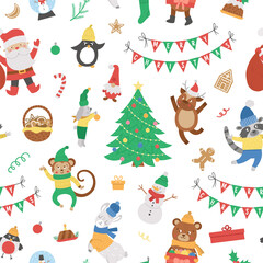 Obraz na płótnie Canvas Vector seamless pattern with Christmas elements, Santa Claus in red hat with sack, deer, fir tree, presents. Cute funny flat style New Year repeating background..