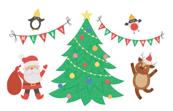Cute Christmas scene with Santa Claus, Deer, fir tree birds and triangle flags. Winter illustration with animals. Funny card design. New Year print with smiling characters.